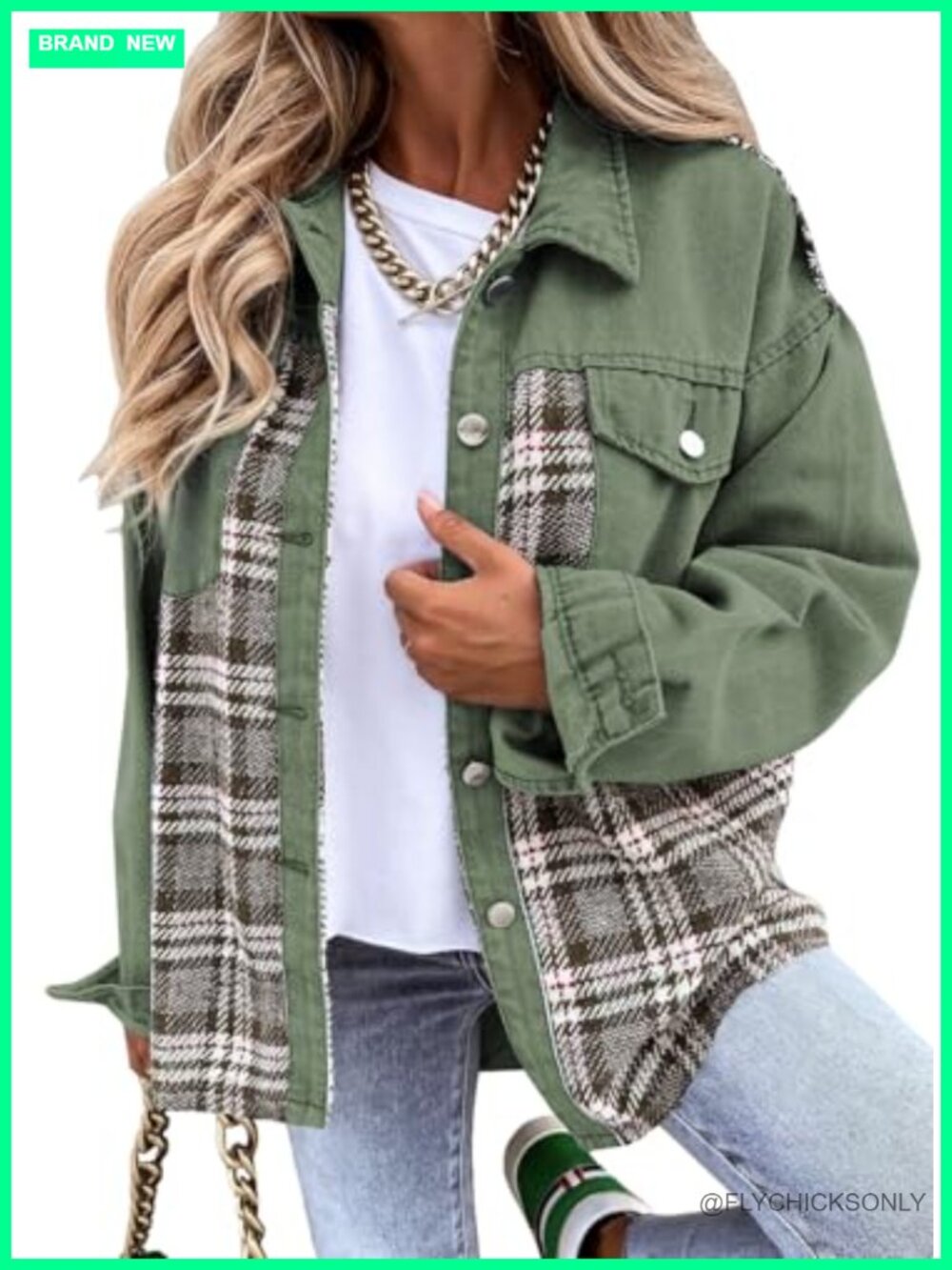 Oversized Denim Jacket Plaid Shacket Button Down Boyfriend Jean Jacket Pockets